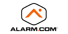Alarm.com logo with black hexagon, orange roof icon, and black text on white background