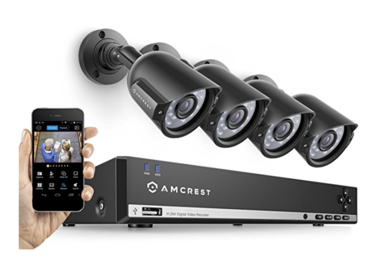 Smartphone monitoring a 4-camera security system with DVR recorder and wall-mounted cameras