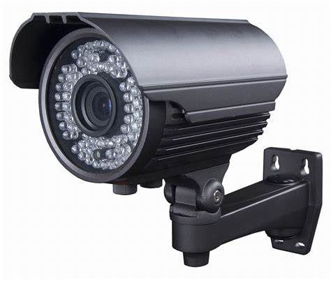 Black security camera with infrared LED ring mounted on a wall bracket