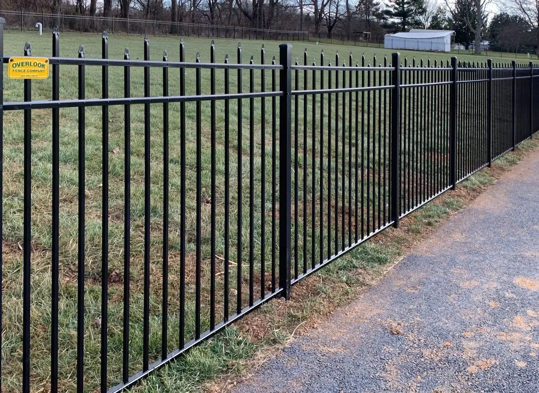 A black metal fence surrounds a grassy field