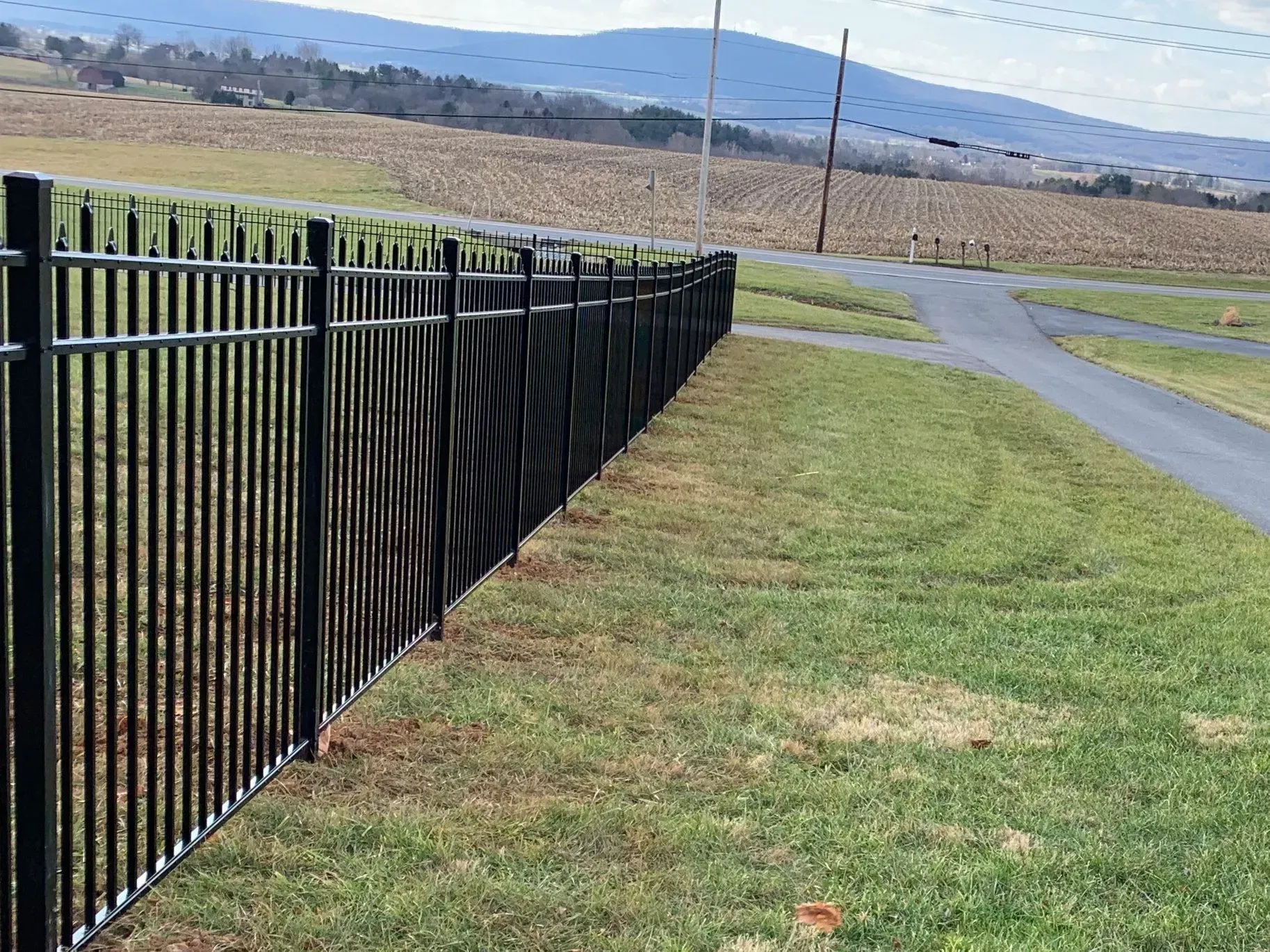 A black metal fence surrounds a grassy field with mountains in the background.