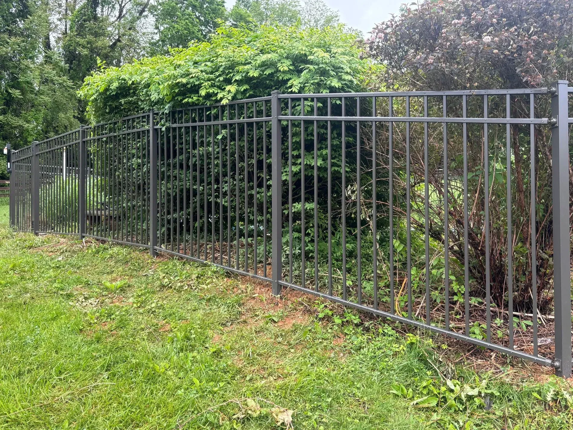 A metal fence surrounds a lush green field.