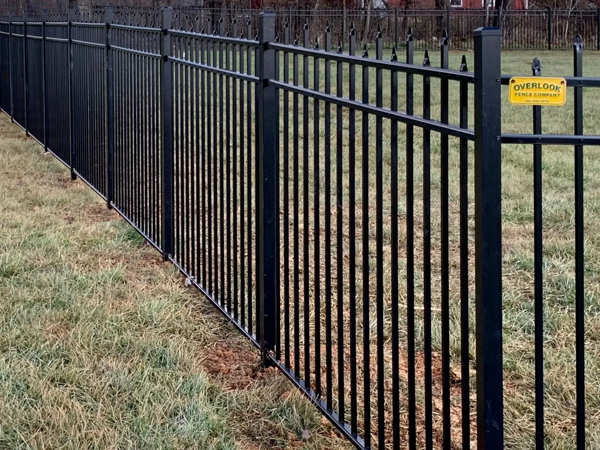 A black wrought iron fence surrounds a grassy field.