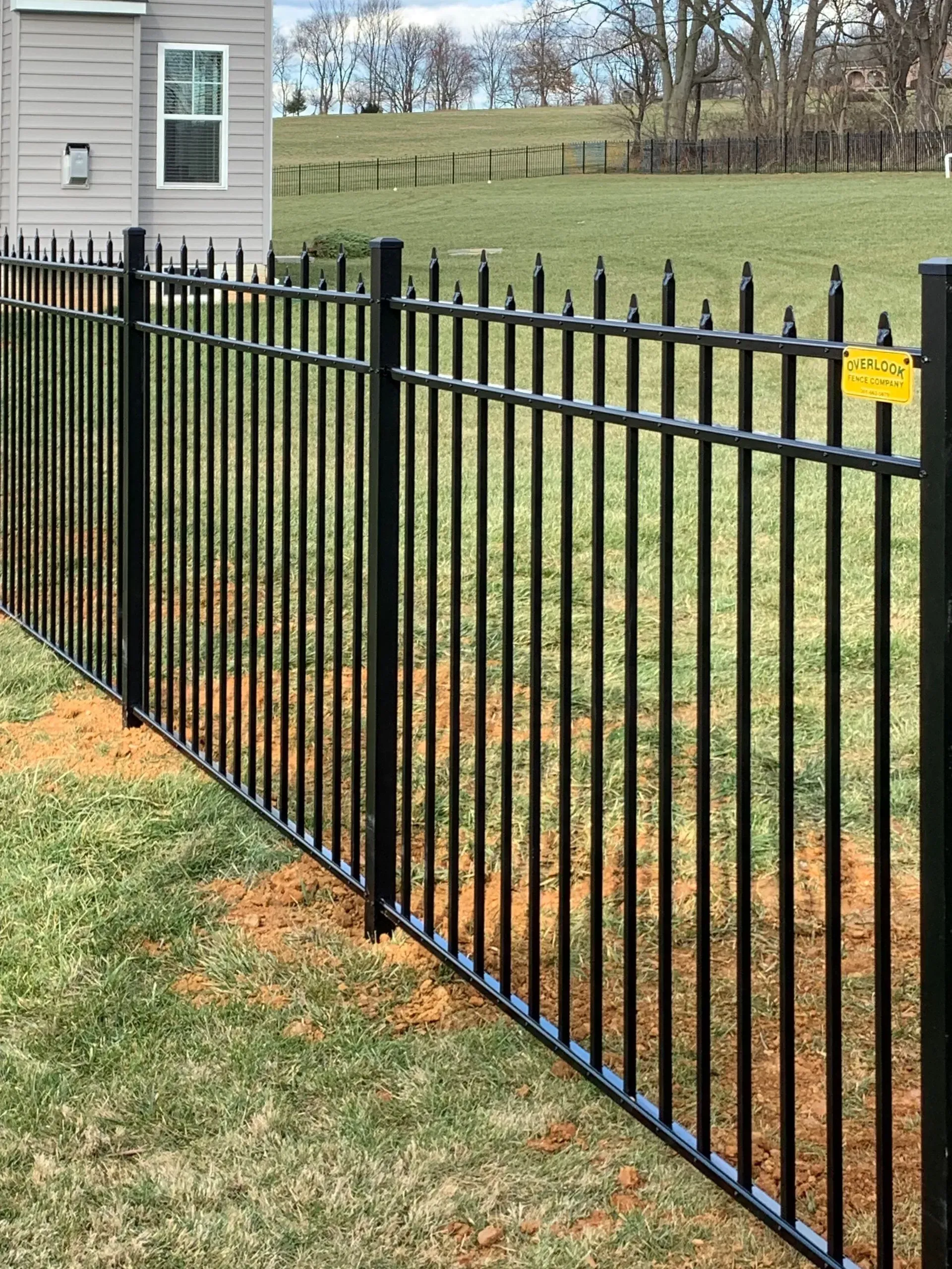 A black wrought iron fence surrounds a grassy field in front of a house.