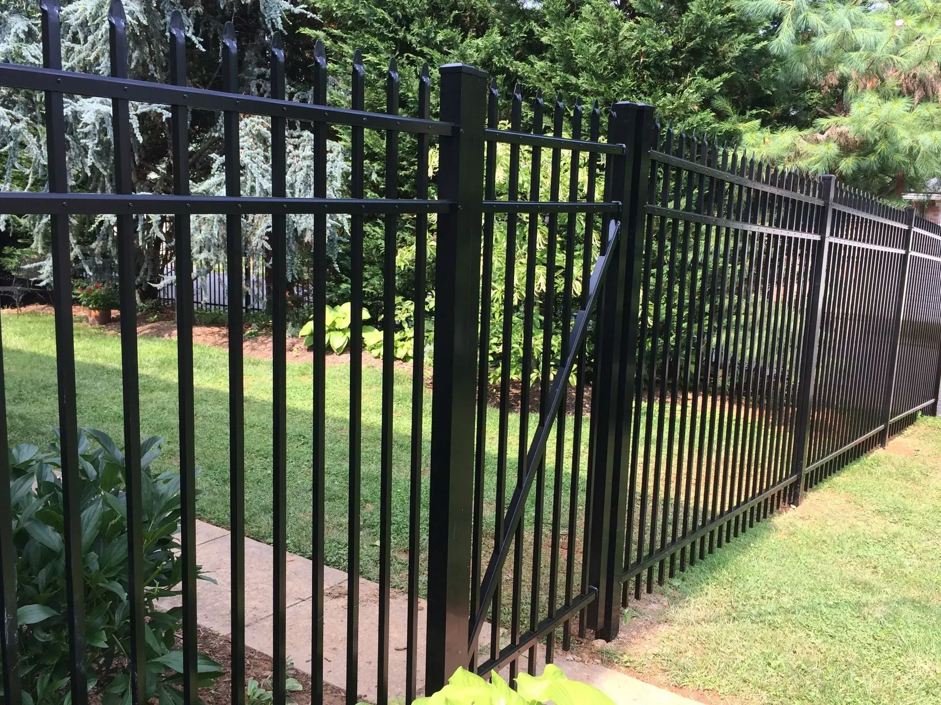 A black metal fence surrounds a lush green yard.