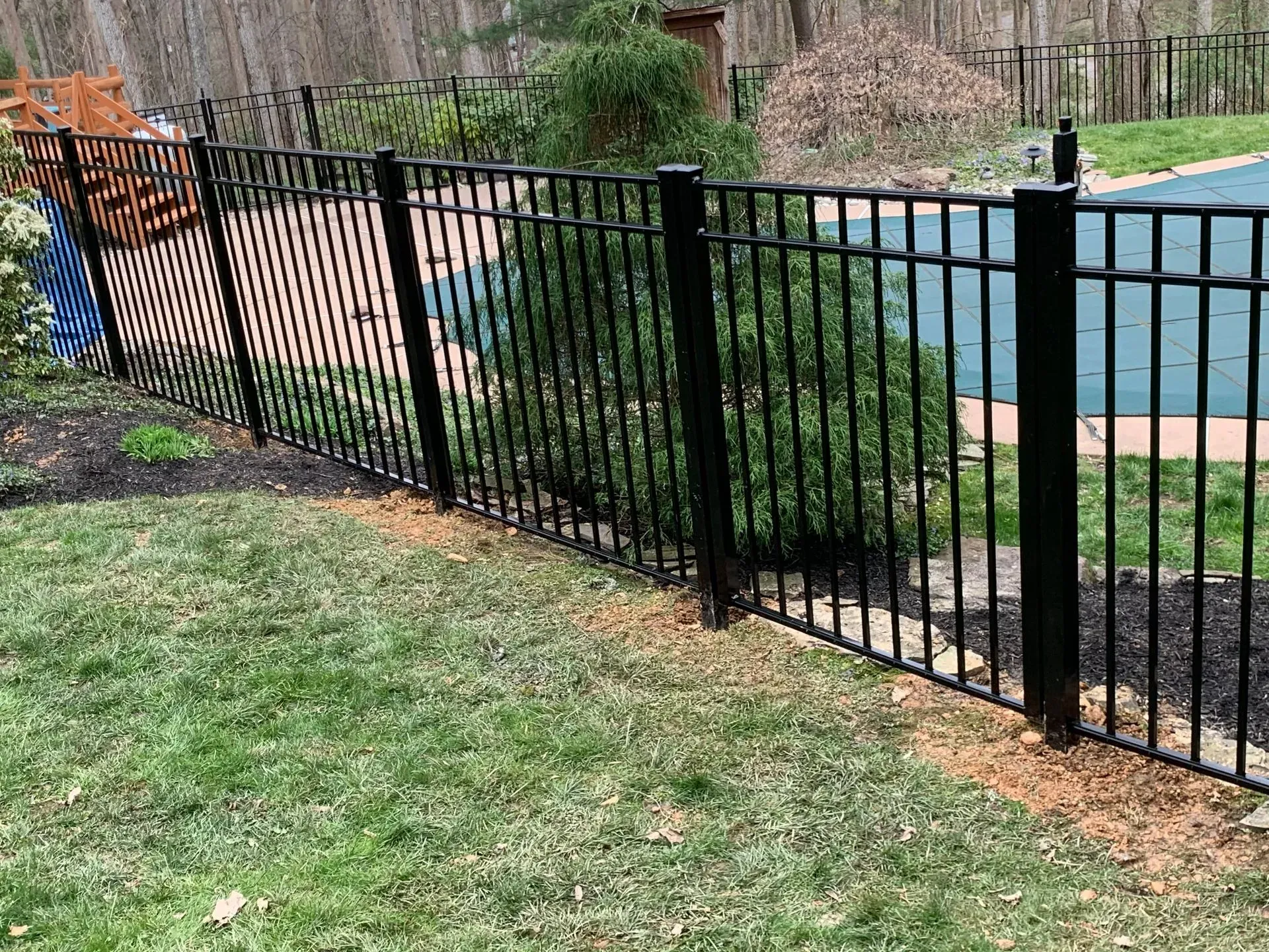 A black metal fence surrounds a swimming pool in a backyard.