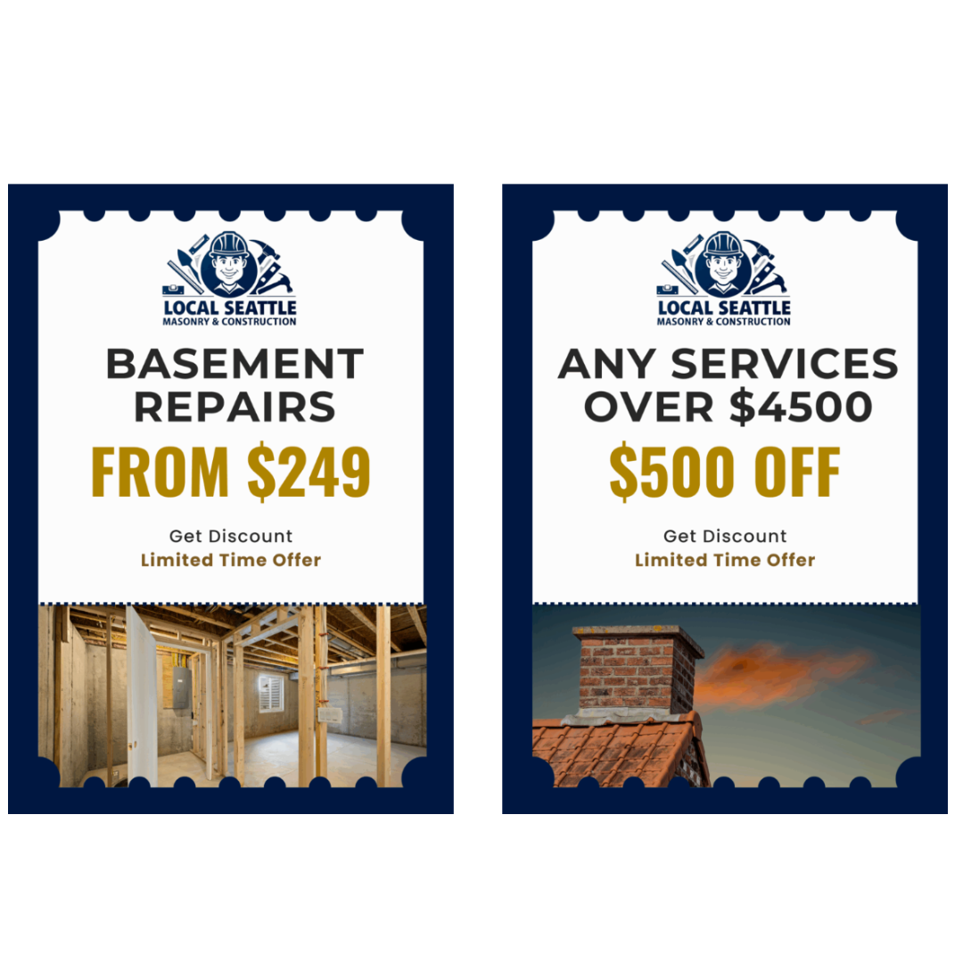 Two coupons for Local Seattle Home Services: basement repairs starting at $249 and $500 off services over $4500.
