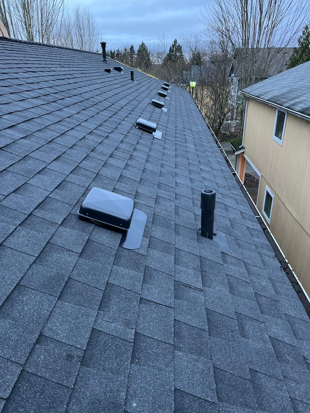 A gray shingled roof with a series of rectangular ventilation caps and a vertical plumbing vent pipe.
