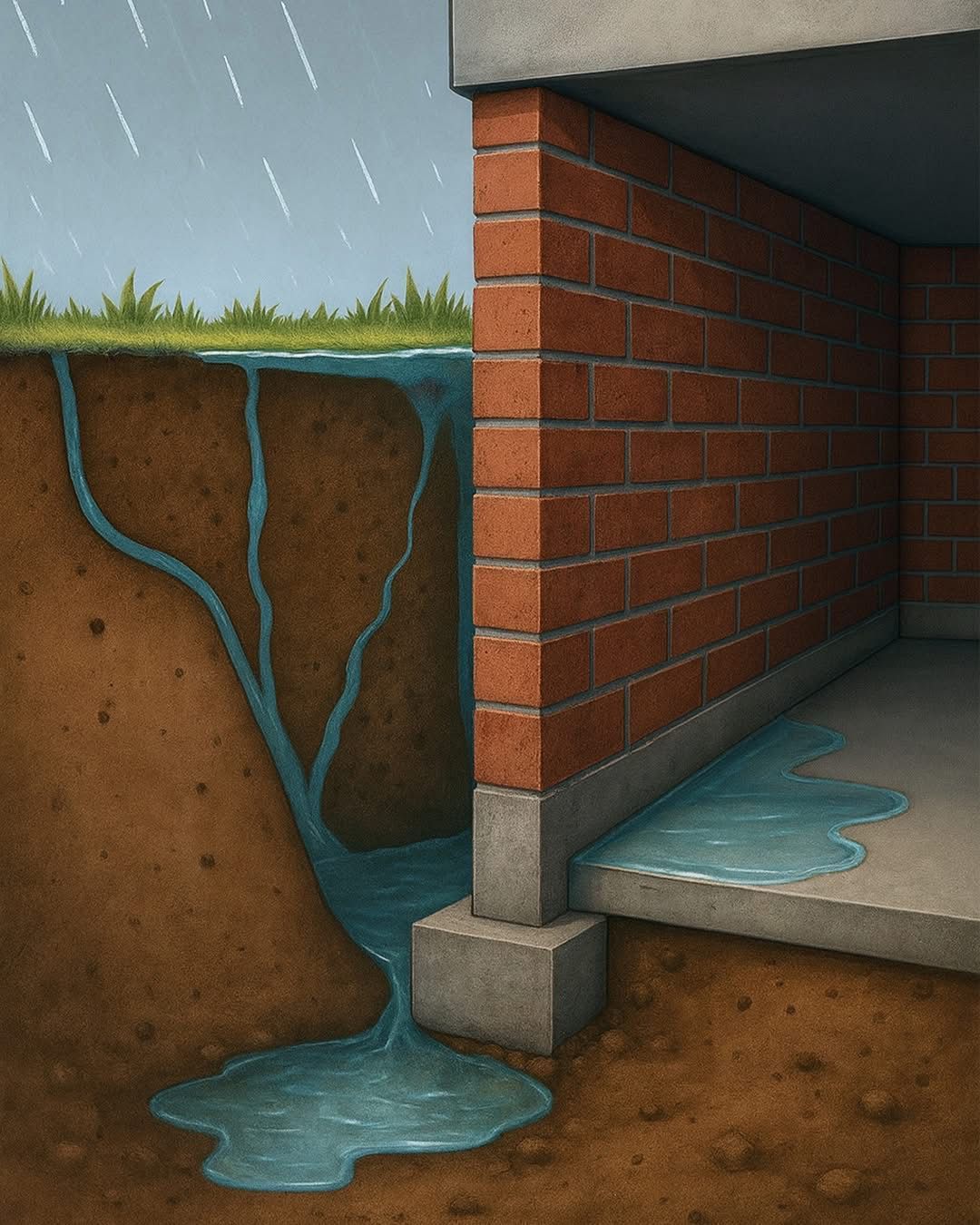 Cross-section view showing rain soaking into soil, pooling around a house foundation, and leaking onto a basement floor.