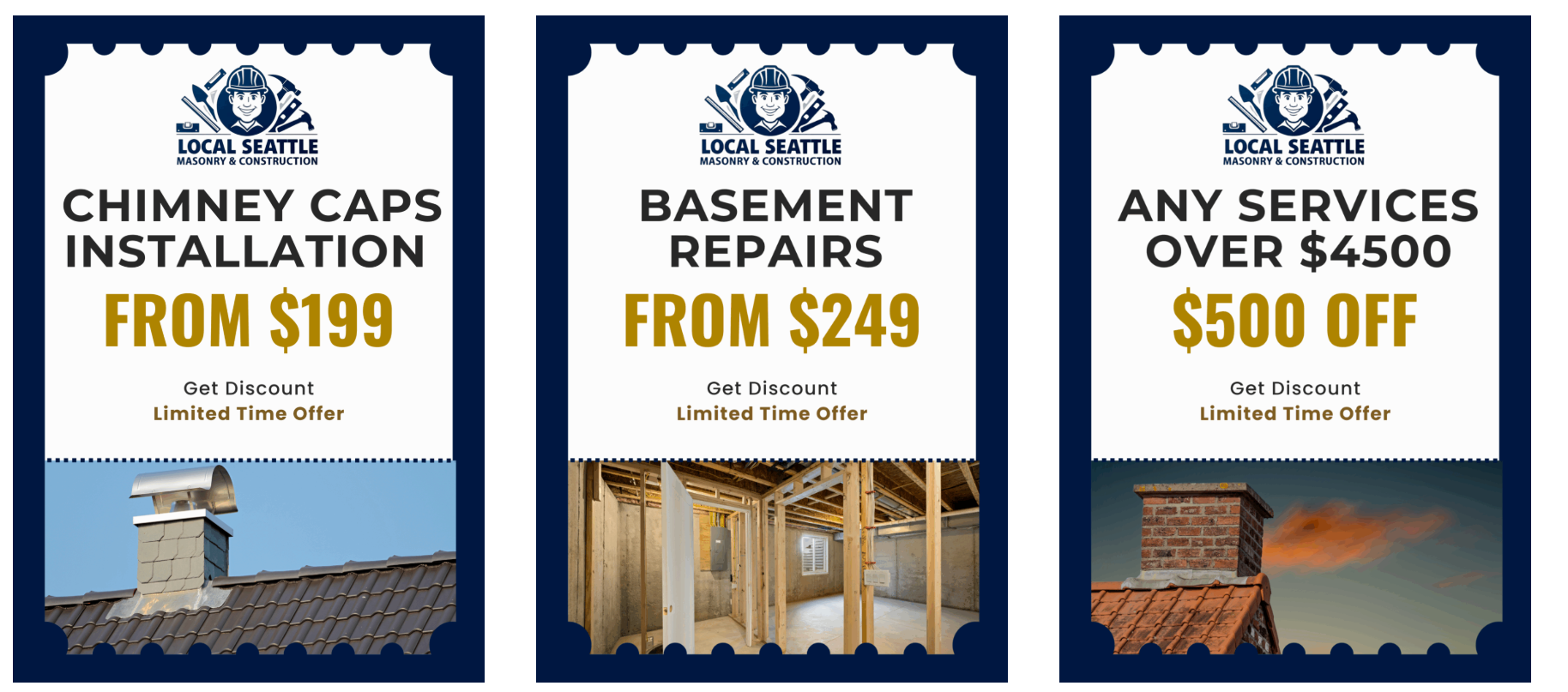Three promotional coupons offering chimney cap installation, basement repairs, and $500 off services over $4500.
