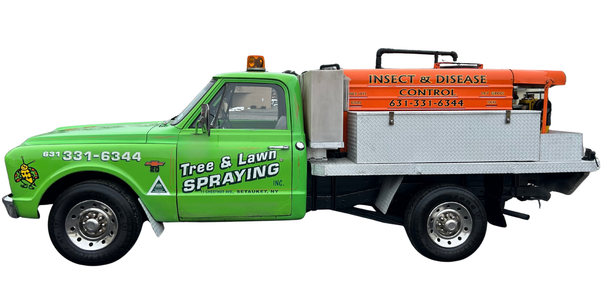 Green truck for tree and lawn spraying. Orange tank with Insect and Disease written on it.