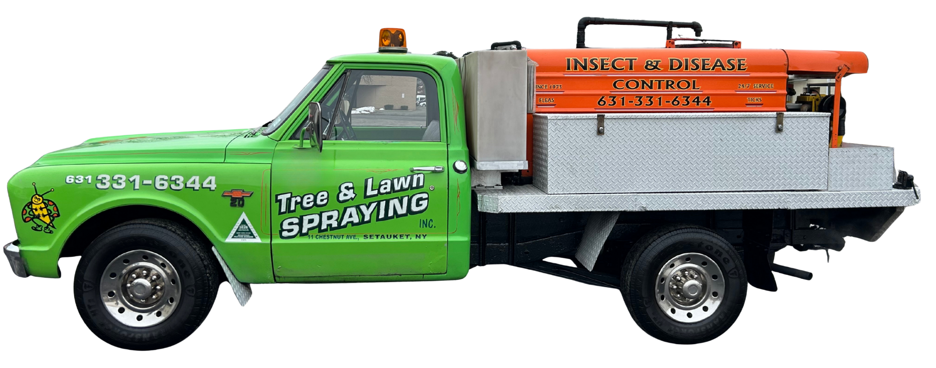 Green truck with insect spraying equipment. Orange tank and silver bed.