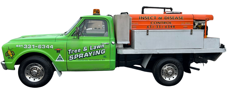 Green and orange sprayer truck with mounted tank and equipment, side view.