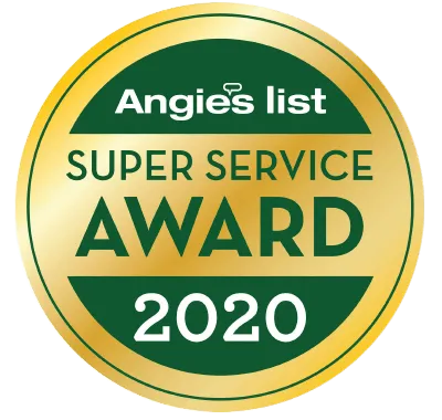 Angie's List Super Service Award 2020 badge in gold and green, indicating recognition for excellent service.