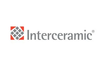 Interceramic logo: Red square with gray tile design, gray text