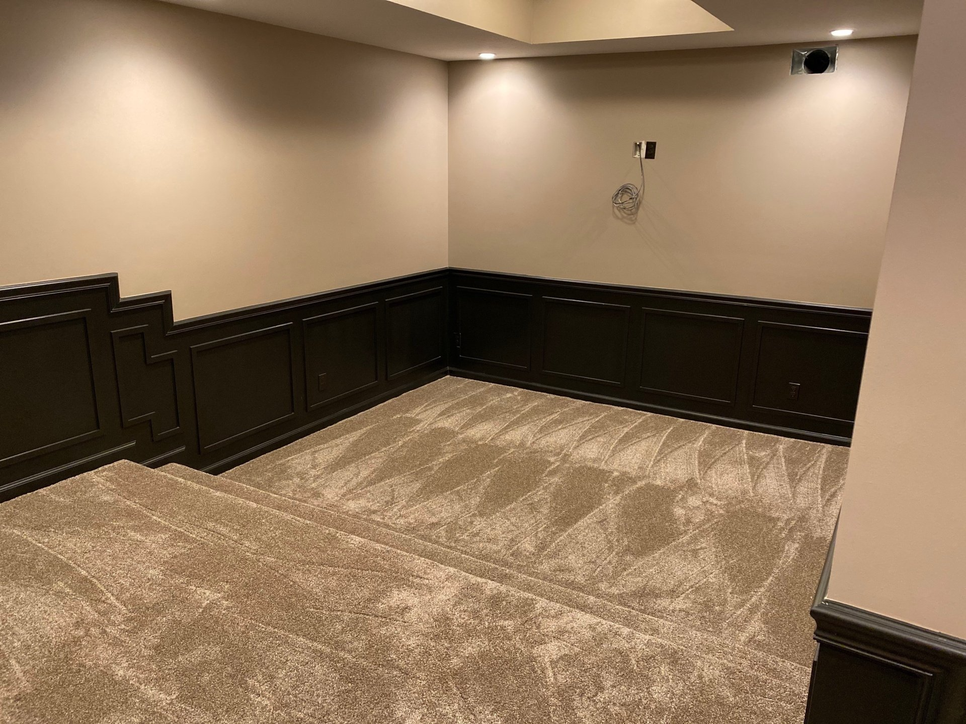 Empty basement room with dark wainscoting and light carpeted floor. Beige walls.