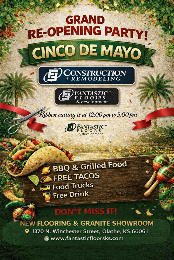 Flyer for a Cinco de Mayo grand re-opening party with food, drinks, and a showroom reveal at 1370 N. Winchester St., Olathe.
