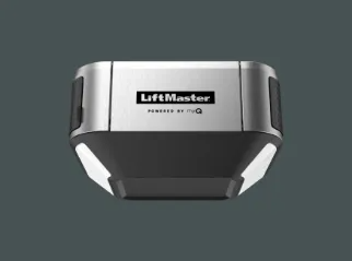 LiftMaster garage door opener unit, silver and black on a gray background