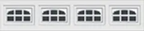 Row of four white garage doors with small window panes at the top