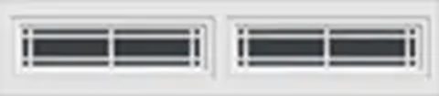 Two white wall vents with horizontal slats on a light gray surface