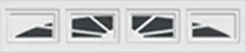 Four white-framed window panes with dark blinds, viewed close up