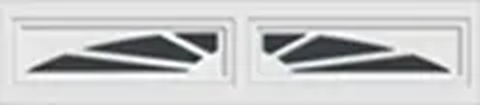 Two white rectangular vents with dark diagonal slats in a light gray frame