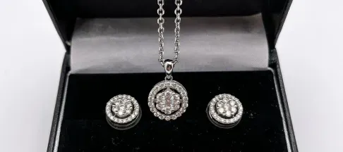 Silver jewelry set in a black gift box, with matching earrings and pendant necklace
