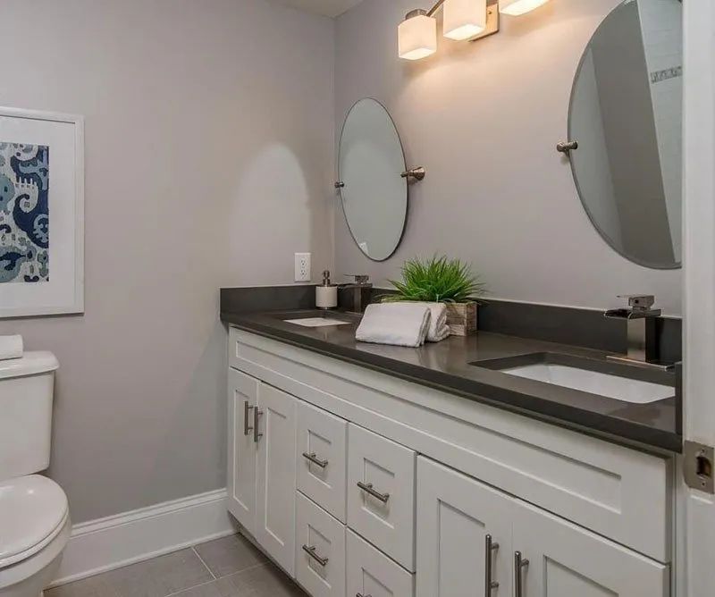 Bathroom with white double vanity, oval mirrors, gray countertop, and gray walls.