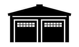 Black silhouette of a two-car garage with doors and a peaked roof.