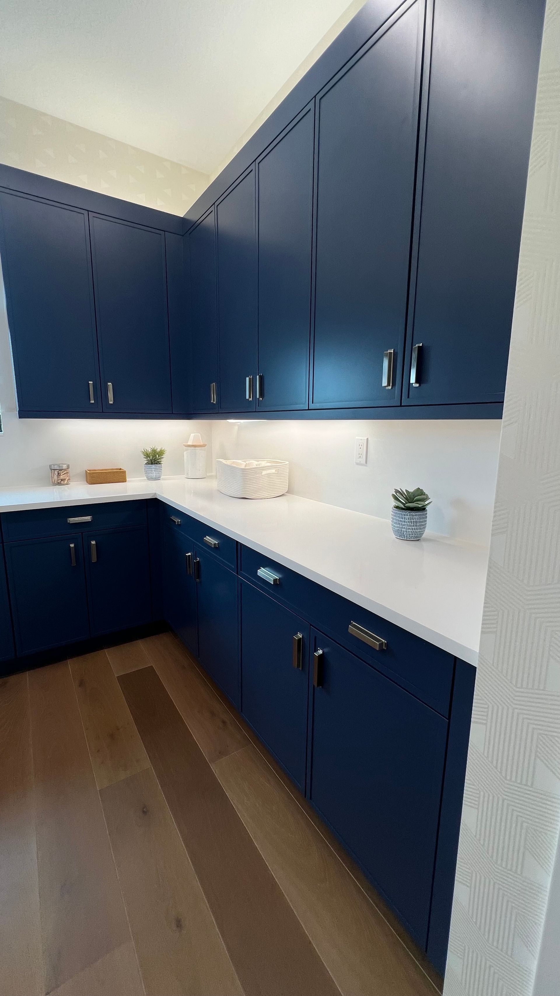Modern kitchen featuring deep blue cabinets, white countertops, under-cabinet lighting, and light wood flooring.