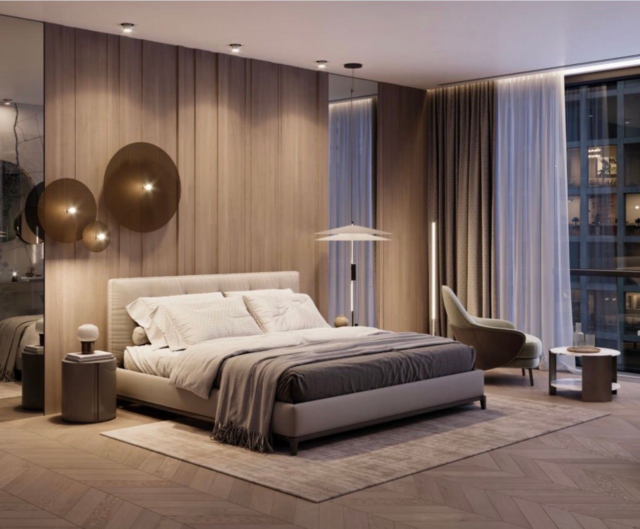 A modern bedroom features a neutral color palette, wood-paneled walls, a gray upholstered bed, and soft ambient lighting.
