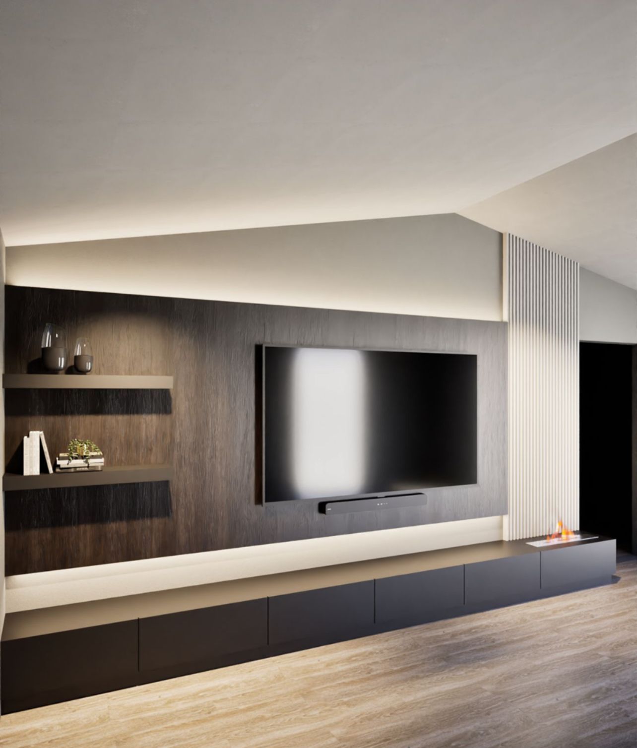 Modern entertainment center with a large wall-mounted TV, dark wood paneling, open shelving, and integrated lighting.