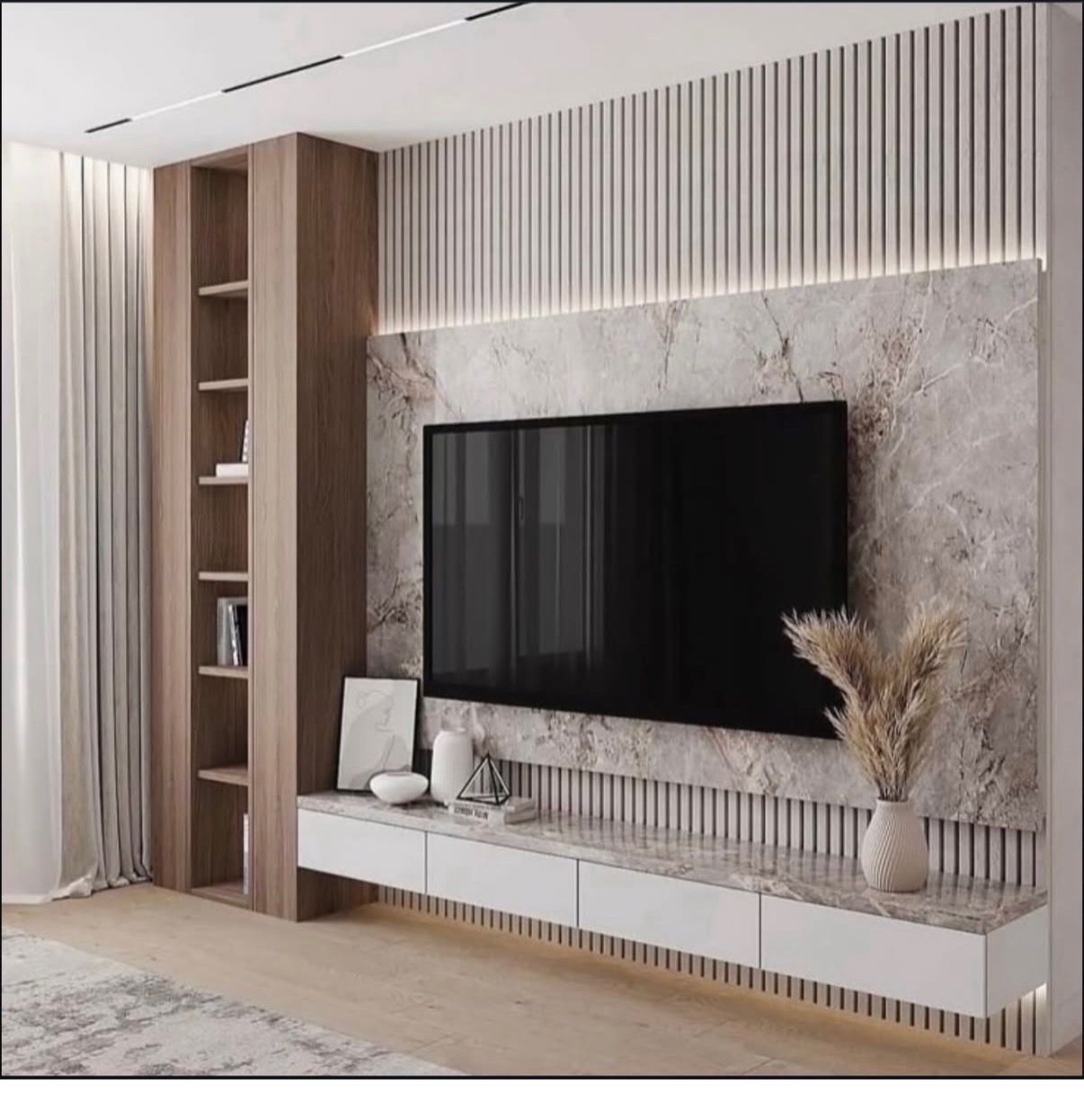 A living room wall with a wall-mounted TV, marble paneling, slatted wood accents, built-in shelving, and floating cabinets.