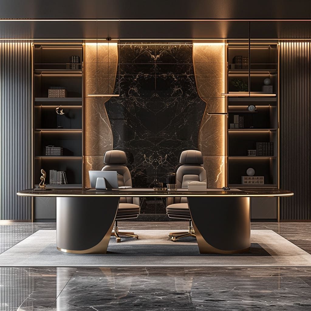 A modern executive office featuring a large, curved dark desk and two chairs centered before a black marble wall.