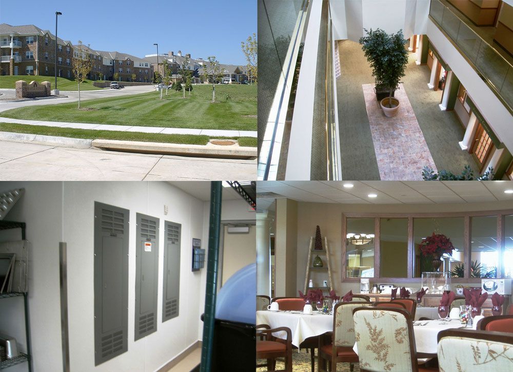 A collage of four pictures of a building including a park and a dining room