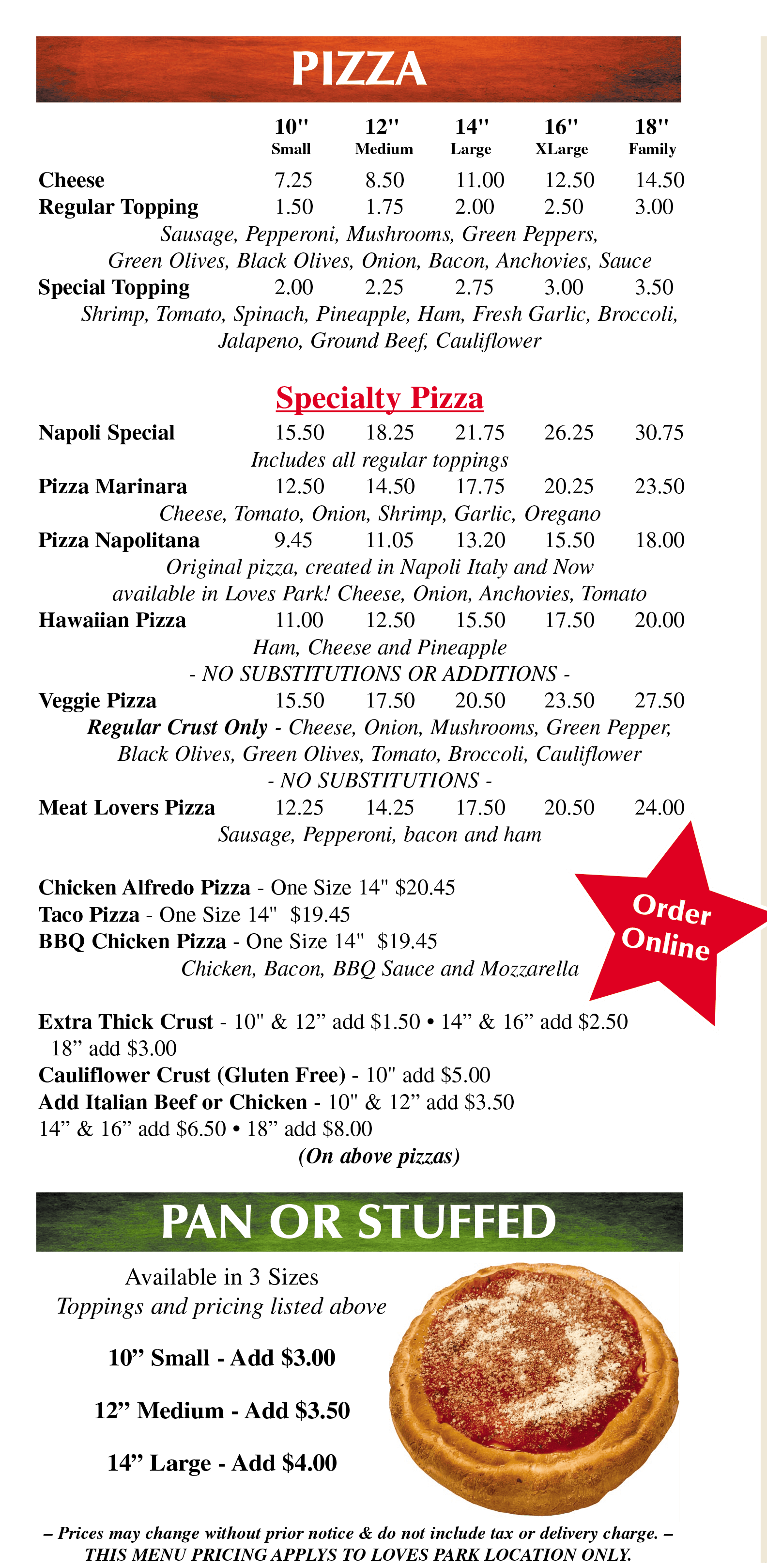 Napoli's Pizza Loves Park Menu Loves Park, IL