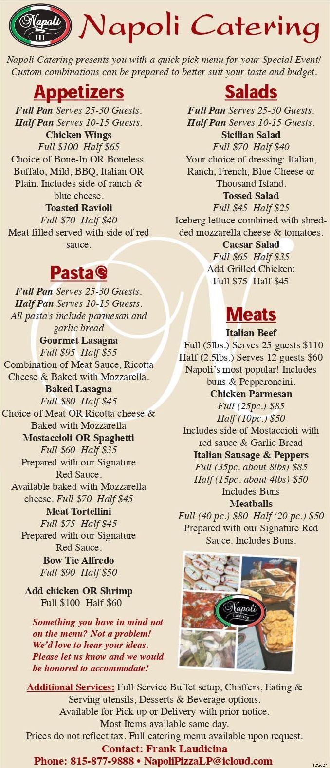 Napoli Pizza Catering Menu