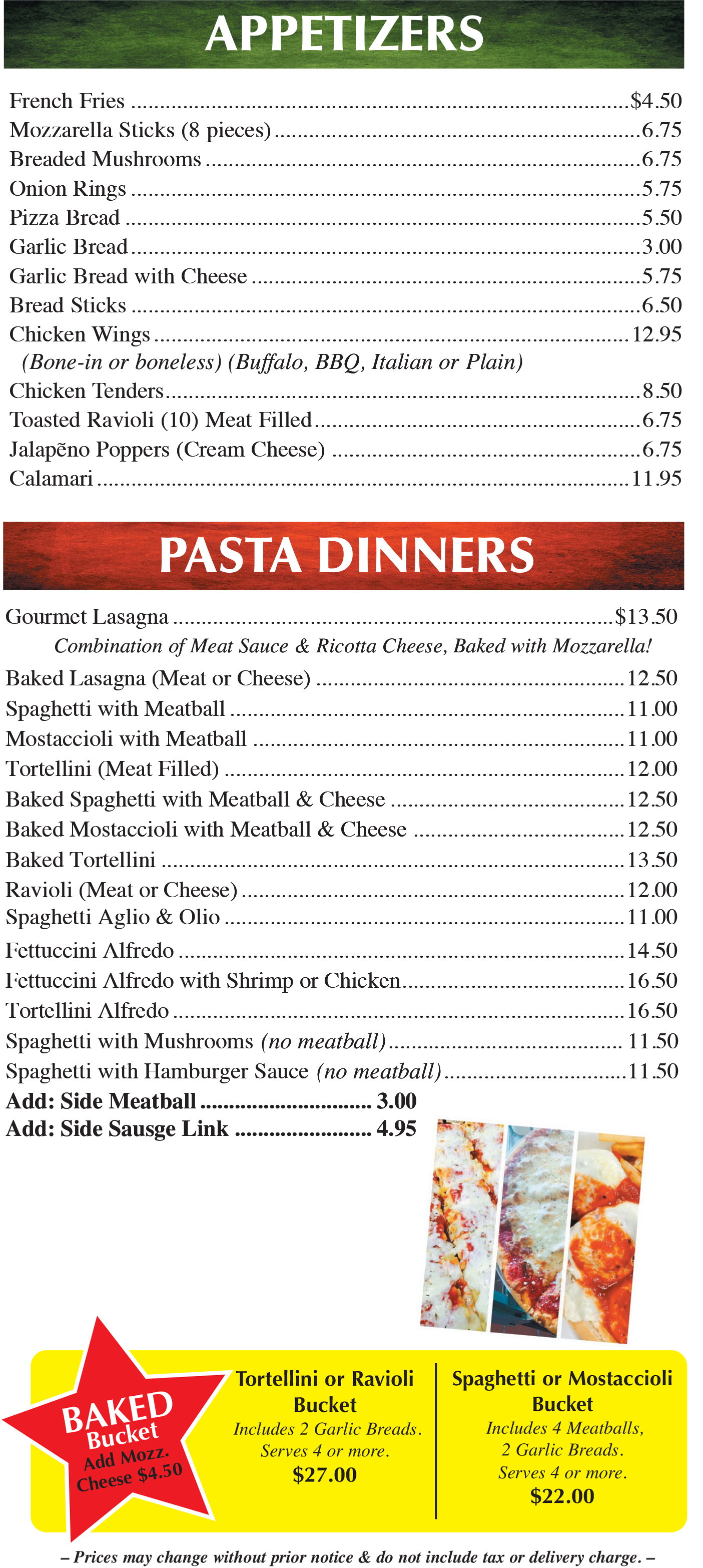 A menu for a restaurant shows appetizers and pasta dinners.