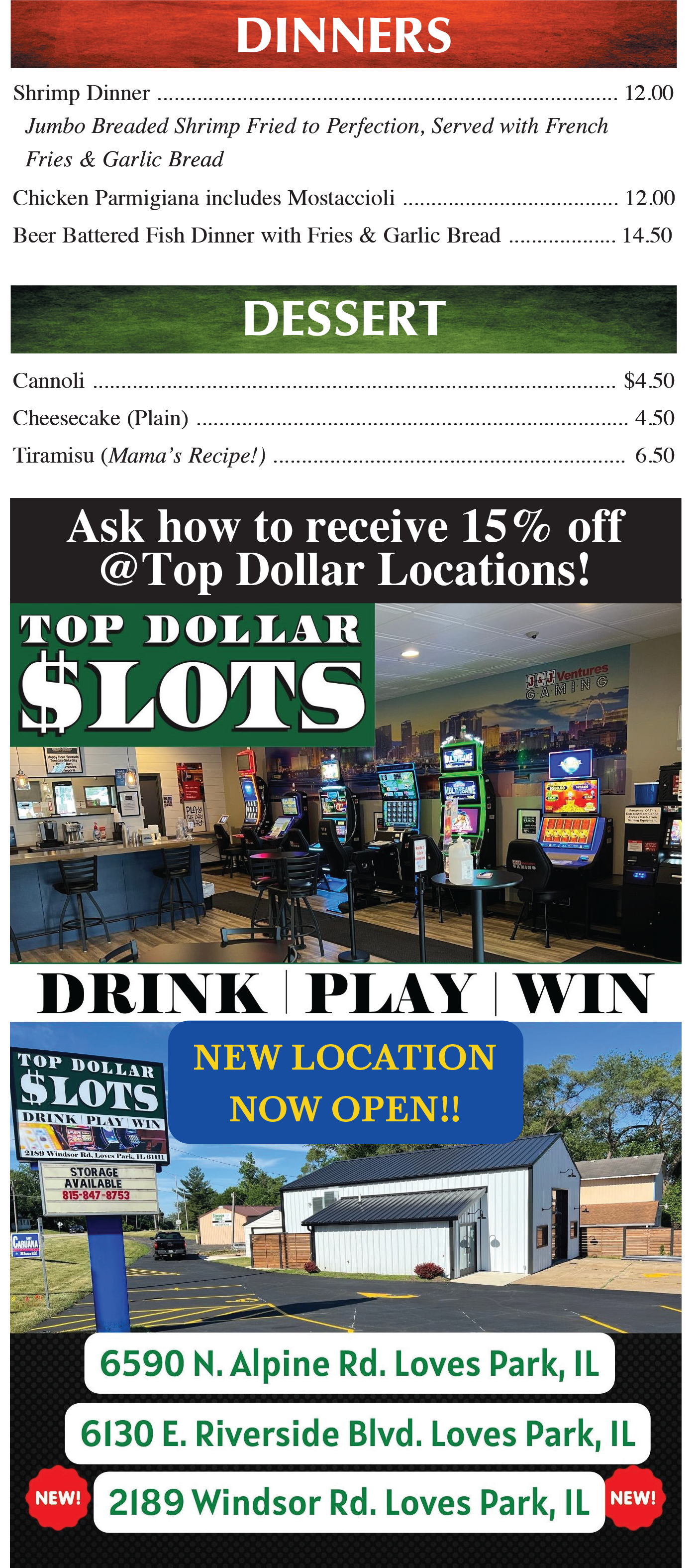 A restaurant advertisement for dinners, desserts, drinks, and slots.