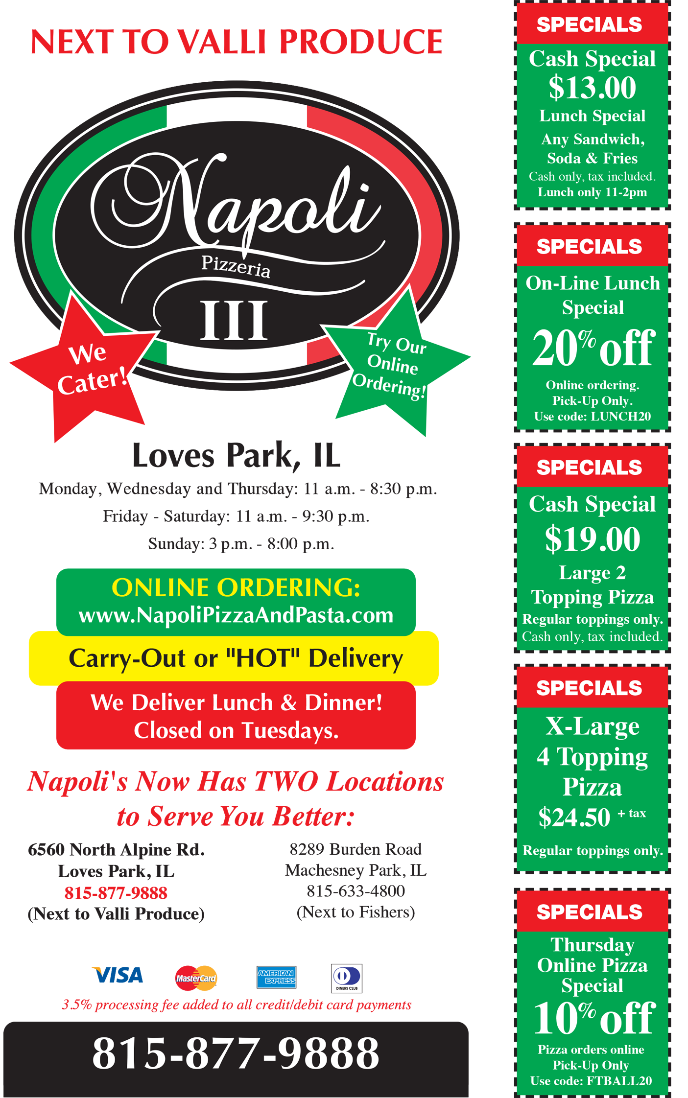 A flyer for Napoli Loves Park Menu