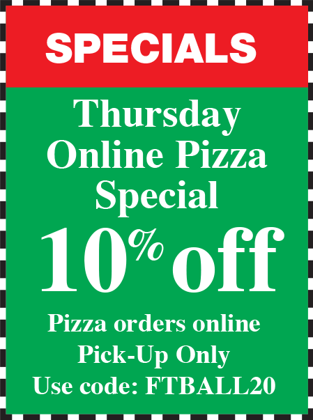 A sign that says specials thursday online pizza special 10 % off