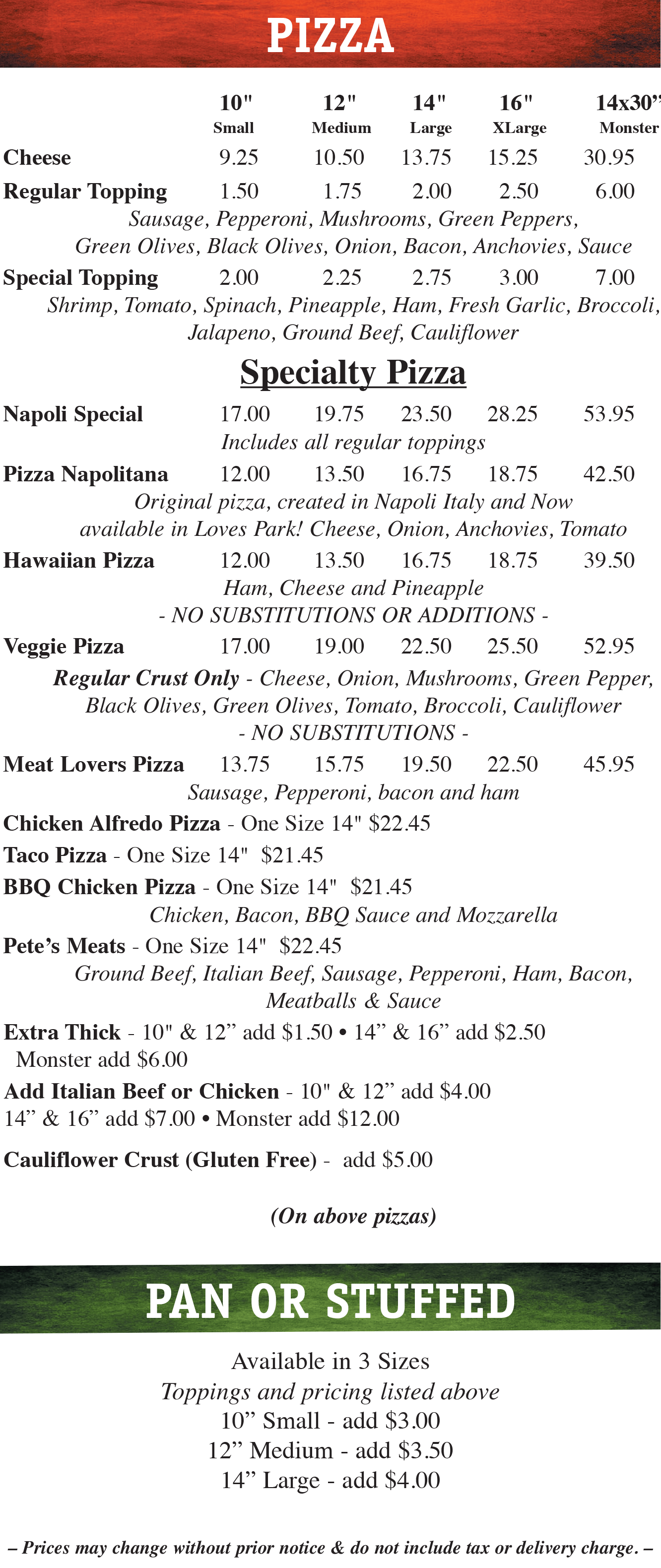 Napoli's Pizza Machesney Park Menu Machesney Park, IL