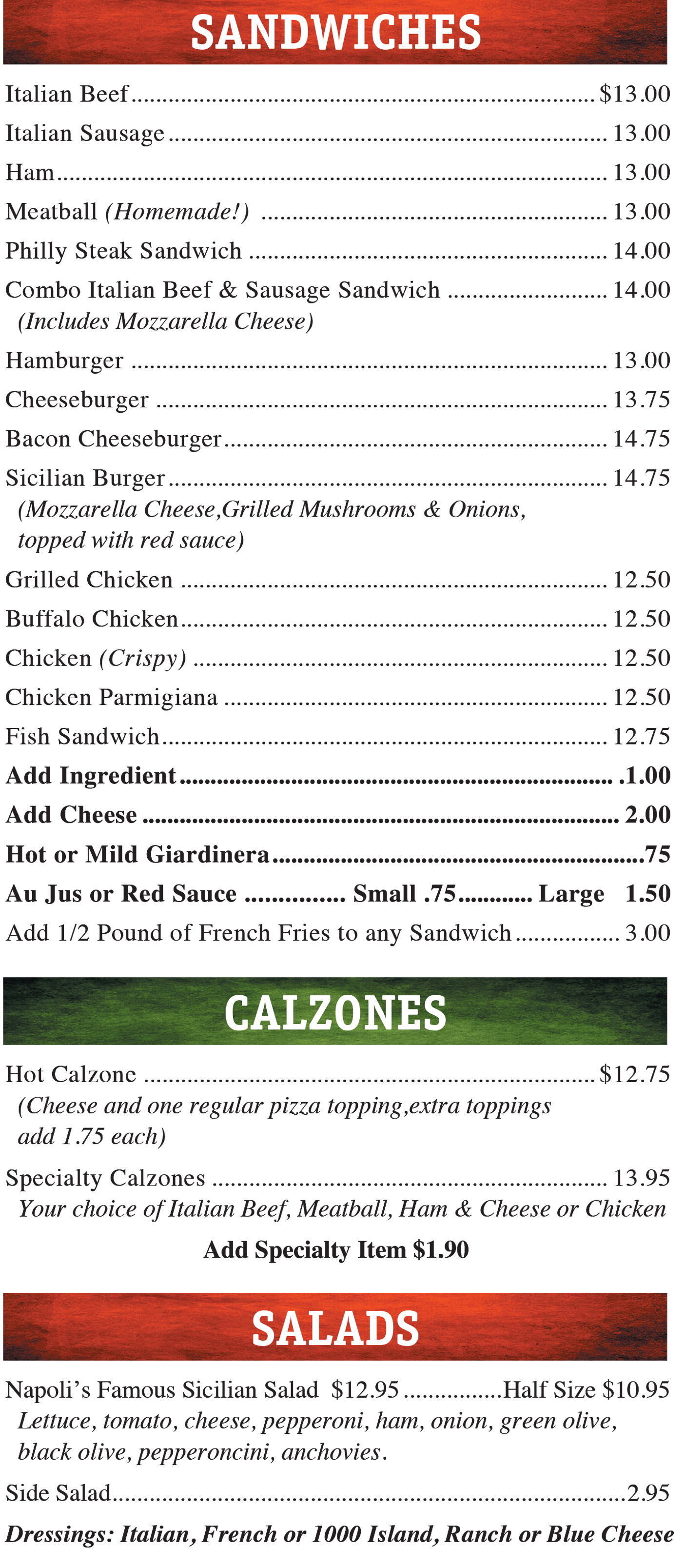 A menu for a restaurant shows sandwiches, calzones, and salads.