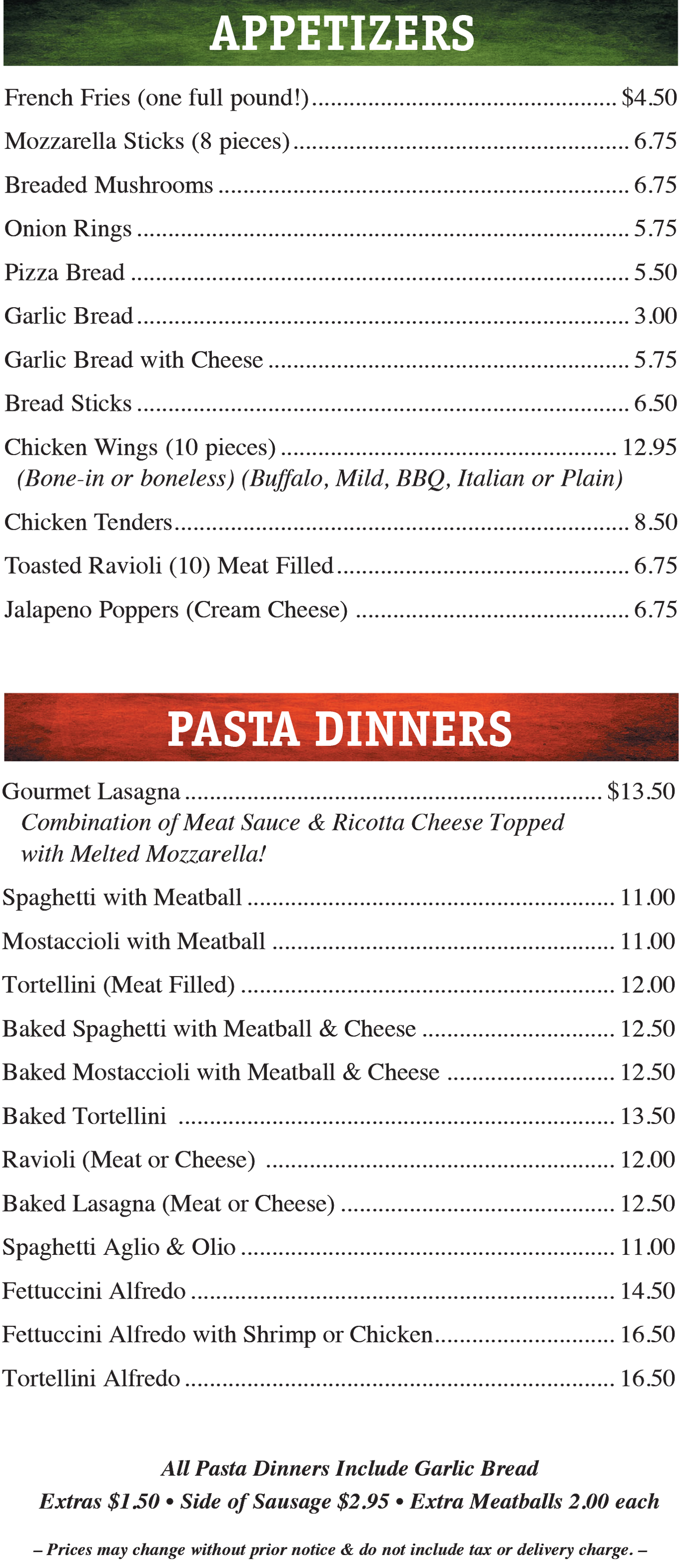 A menu for a restaurant shows appetizers and pasta dinners.