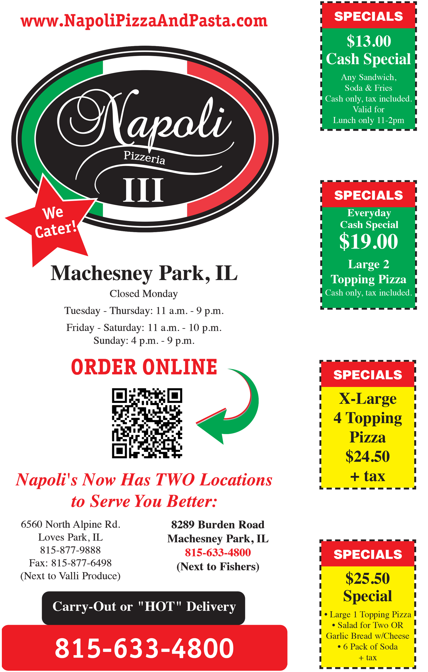 A flyer for Napoli Machesney Park Menu