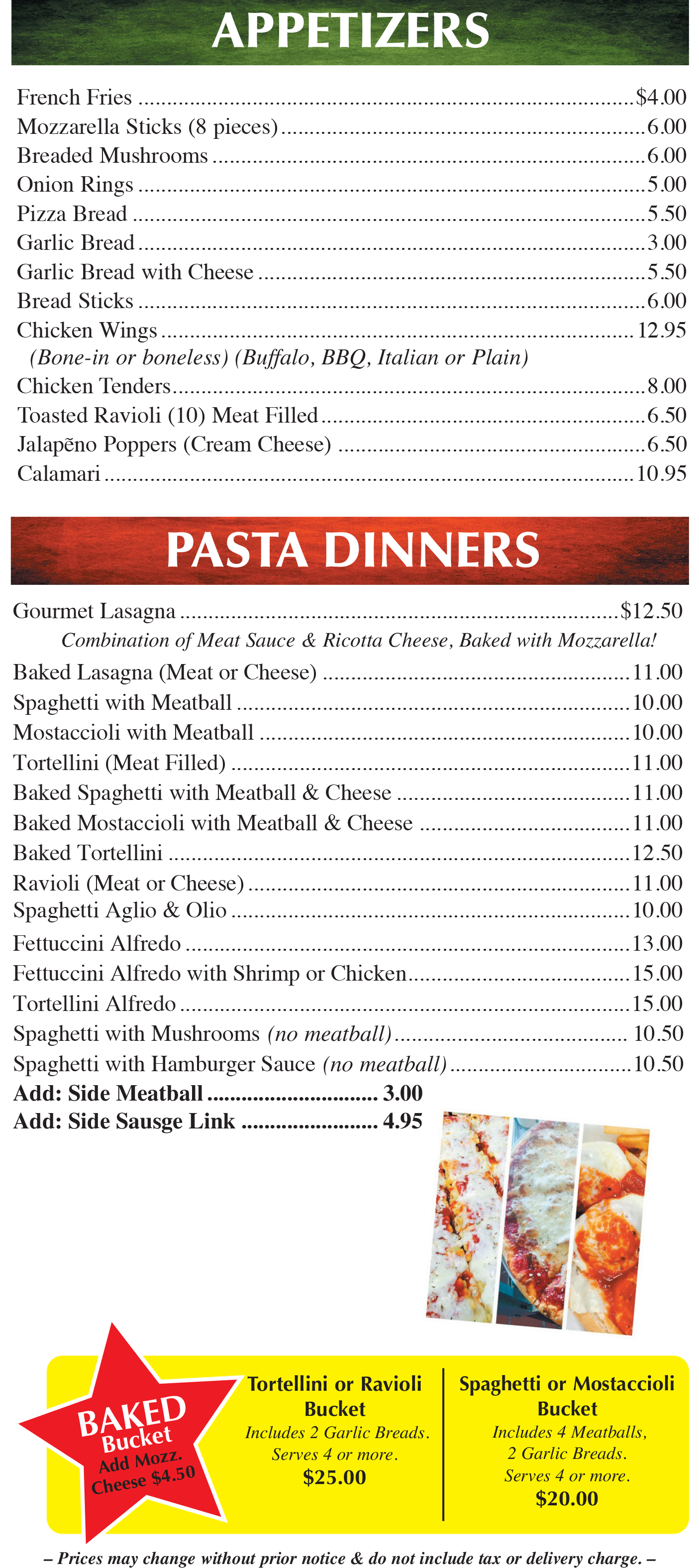 Napoli Pizza Appetizer and Pasta Dinner Menu