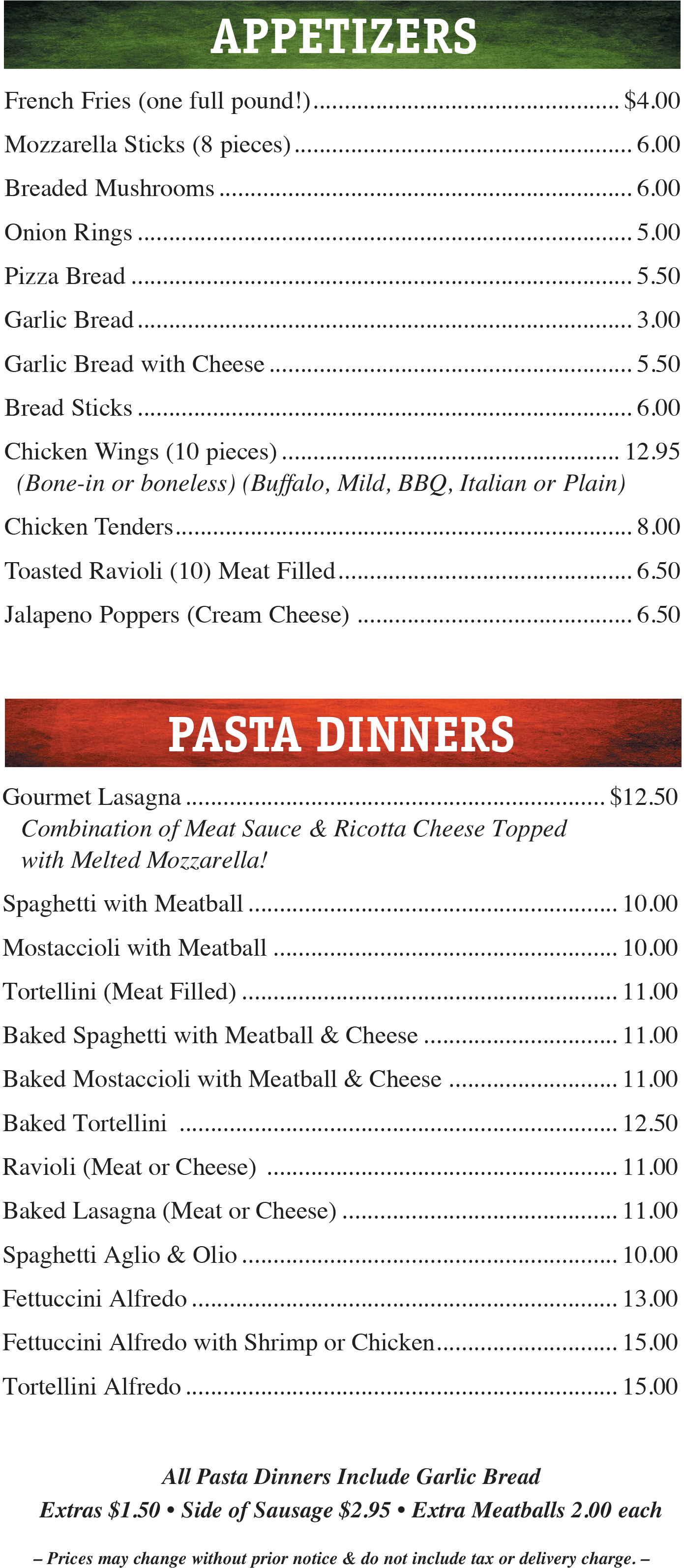 Machesney Park appetizers and pasta dinners menu