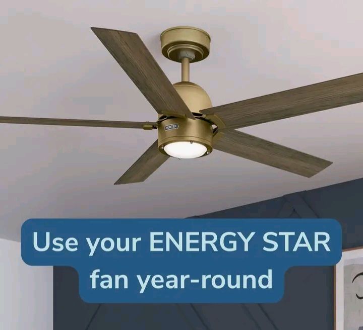 Ceiling fan with light, gold finish, wood blades. Text reads: