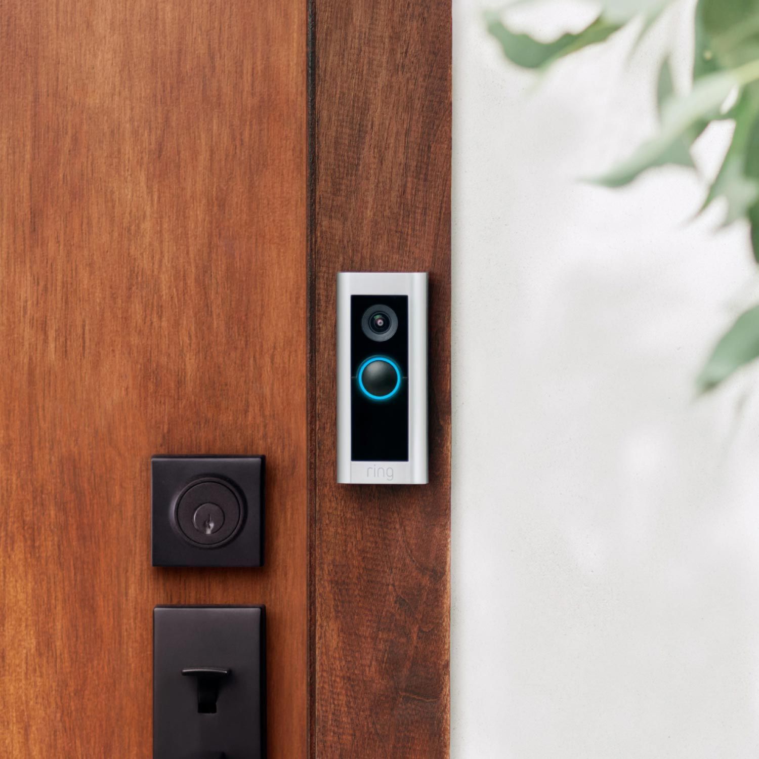 A Ring video doorbell and smart lock on a wooden door, with foliage in the background.