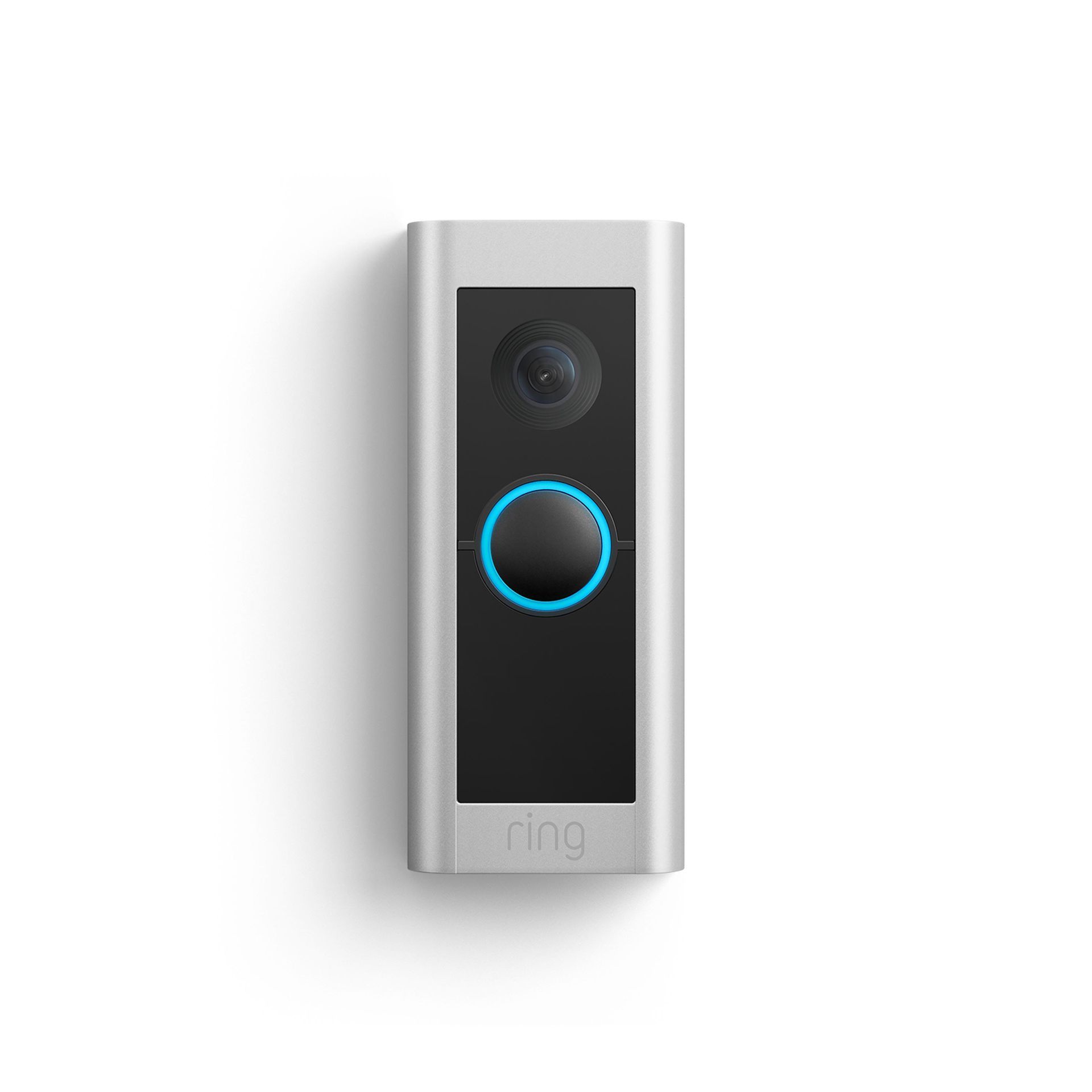 Ring Video Doorbell Pro, silver, with camera, illuminated button, and logo against a white background.